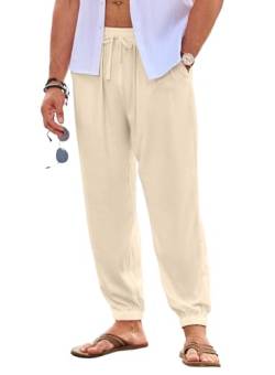 JMIERR Herren Leinenhose Lang Leicht Sommerhose Loose Fit mit Taschen Elastischer Bund Freizeithose Sommer Herbst Aprikose L von JMIERR