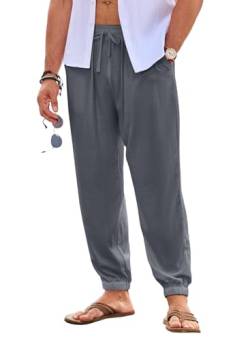 JMIERR Herren Leinenhose Lang Leicht Sommerhose Loose Fit mit Taschen Elastischer Bund Freizeithose Sommer Herbst Grau XL von JMIERR