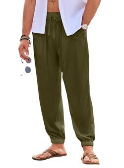 JMIERR Herren Leinenhose Lang Leicht Sommerhose Loose Fit mit Taschen Elastischer Bund Freizeithose Sommer Herbst Grün 3XL von JMIERR