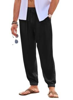 JMIERR Herren Leinenhose Lang Leicht Sommerhose Loose Fit mit Taschen Elastischer Bund Freizeithose Sommer Herbst Schwarz 2XL von JMIERR