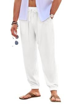 JMIERR Herren Leinenhose Lang Leicht Sommerhose Loose Fit mit Taschen Elastischer Bund Freizeithose Sommer Herbst Weiß L von JMIERR