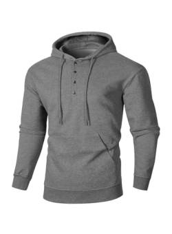 JMIERR Hoodie Herren Baumwolle Langarm Kapuzenpullover 1/4 Button Down Sweatshirts für Männer Loose Fit Casua Winter mit Taschen,A2 Grau L von JMIERR