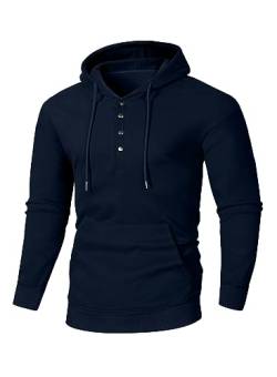 JMIERR Hoodie Herren Baumwolle Langarm Kapuzenpullover 1/4 Button Down Sweatshirts für Männer Loose Fit Casua Winter mit Taschen,Blau 3XL von JMIERR