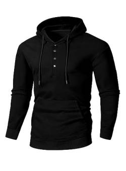 JMIERR Hoodie Herren Baumwolle Langarm Kapuzenpullover 1/4 Button Down Sweatshirts für Männer Loose Fit Casua Winter mit Taschen,Schwarz L von JMIERR