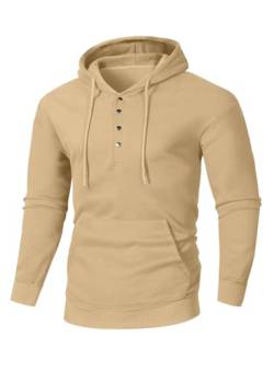 JMIERR Hoodie Herren Baumwolle Langarm Kapuzenpullover 1/4 Button Down Sweatshirts für Männer Loose Fit Casua Winter mit Taschen Apricot L von JMIERR