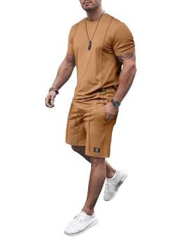 JMIERR T Shirt mit Short 2 Piece Sommer Trainingsanzug Set mit Taschen 2023 Baggy Freizeitanzug und Kurze Hose Regular Fit,Khaki 2XL von JMIERR
