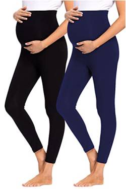 JMITHA Umstandsleggings, 2er Pack Lange Umstandshose Leggings Baumwolle Stretch Dünn Schwangerschaft Hosen Sport Leggings Damen Jogginghose Freizeithose für Schwangere (Schwarz+Blau, M) von JMITHA