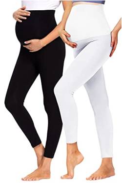 JMITHA Umstandsleggings, 2er Pack Lange Umstandshose Leggings Baumwolle Stretch Dünn Schwangerschaft Hosen Sport Leggings Damen Jogginghose Freizeithose für Schwangere (Schwarz+Weiß, L) von JMITHA