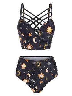 JMSUN Damen Bikini Sommer Badeanzug Sonne Stern Mond Gitter Hohe Taille Tankini Badeanzug, gelb, XL von JMSUN