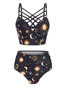 JMSUN Sommer Damen Sonne Stern Mond Gitter Hohe Taille Tankini Badeanzug, gelb, Medium von JMSUN