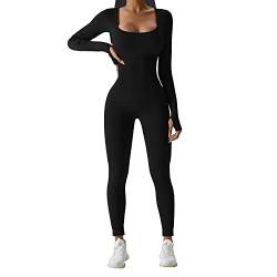 JN JANPRINT Damen Jumpsuit Sport Bodysuit Gerippte Lang Eng Yoga Bodycon Overall Stretch Langarm Strampler Sportanzug jumpsuits Trainingsanzug Einteiligem One-Piece(Schwarz,S) von JN JANPRINT