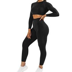 JN JANPRINT Damen Traingsanzug Sport Sets Sportanzüge Jogginganzug Langarm Sport Top und hohe Taille Hosen 2 Stücke Bekleidungssets Yoga Outfit Sportswear Gym Leggings Set(Schwarzer Mergel,M) von JN JANPRINT