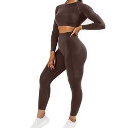 JN JANPRINT Damen Traingsanzug Sport Sets Sportanzüge Jogginganzug Langarm Sport Top und hohe Taille Hosen 2 Stücke Bekleidungssets Yoga Outfit Sportswear Gym Leggings Set(Siegel Braun,L) von JN JANPRINT