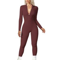 JN JANPRINT Damen Yoga Jumpsuit Eng Lang Sport Overall Langarm Playsuit V-Ausschnitt Reißverschluss Bodycon Strampler Trainingsanzug Slim Einteiler Jogginganzug Club Outfit(Braun,M) von JN JANPRINT