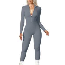 JN JANPRINT Damen Yoga Jumpsuit Eng Lang Sport Overall Langarm Playsuit V-Ausschnitt Reißverschluss Bodycon Strampler Trainingsanzug Slim Einteiler Jogginganzug Club Outfit(Grau,M) von JN JANPRINT