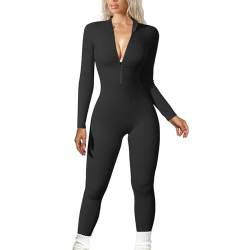 JN JANPRINT Damen Yoga Jumpsuit Eng Lang Sport Overall Langarm Playsuit V-Ausschnitt Reißverschluss Bodycon Strampler Trainingsanzug Slim Einteiler Jogginganzug Club Outfit(Schwarz,M) von JN JANPRINT