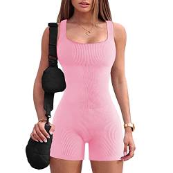 JN JANPRINT Jumpsuit Damen Kurz Eng Yoga Bodysuit Overall Stretch Bodycon Tank Top Sommer Romper Sexy One Piece Bodycon Ärmellose Sportanzug Einteiler Ganzkörperanzug Trainingsanzug(Rosa,L) von JN JANPRINT