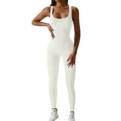 JN JANPRINT Jumpsuit Damen Kuschelig Sport Overall Eng Workout Bodysuit One Piece Tank Tops Strampler Gerippte Jumpsuits Sportanzug EinteiligerWeiß,L von JN JANPRINT