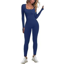 JN JANPRINT Jumpsuit Damen Sport Bodysuit Gerippte Lang Eng Yoga Bodycon Overall Stretch Langarm Strampler Sportanzug Catsuit Trainingsanzug One-Piece(Tuxedo Blau,S) von JN JANPRINT