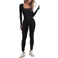 JN JANPRINT Jumpsuit Damen Sport Bodysuit Gerippte Lang Eng Yoga Bodycon Overall Stretch Langarm Strampler Sportanzug Playsuit Trainingsanzug One-Piece(Schwarz,L) von JN JANPRINT