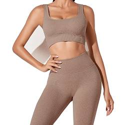 JN JANPRINT Workout-Outfits für Frauen 2-Teiliges Set,Nahtlos Yoga-Outfits Hohe Taille Leggings+Sport-BH Damen Trainingsanzüge Set(Braun,M) von JN JANPRINT