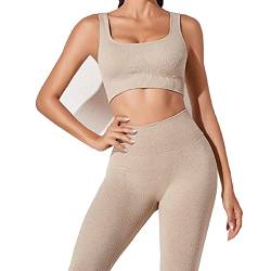 JN JANPRINT Workout-Outfits für Frauen 2-Teiliges Set,Nahtlos Yoga-Outfits Hohe Taille Leggings+Sport-BH Damen Trainingsanzüge Set(Khaki,L) von JN JANPRINT