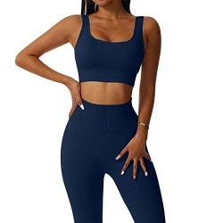 JN JANPRINT Workout-Outfits für Frauen 2-Teiliges Set,Nahtlos Yoga-Outfits Hohe Taille Leggings+Sport-BH Damen Trainingsanzüge Set(Marine Blau,M) von JN JANPRINT