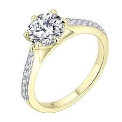 JO WISDOM Damen Ring Silber 925,Verlobungsring Hochzeitsring Promise Ring mit 7mm 5A Zirkonia mit Gelb Vergoldet，Schmuck für Frauen von JO WISDOM