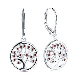 JO WISDOM Damen hängende ohrringe baum des lebens silber 925 mit 3A Zirkonia Januar Geburtsstein Granatfarbe,Schmuck für Frauen von JO WISDOM