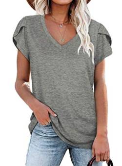 Damen Basic T-Shirt Sommer Mode Damen Lose Sommer Kurzarm T-Shirt V-Ausschnitt Einfarbig Blütenblätter Ärmel Lose T-Shirt Strandoberteile Grau S von JOCAFIYE