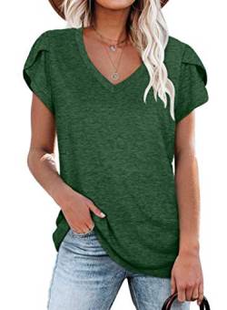 Damen Basic T-Shirt Sommer Mode Damen Lose Sommer Kurzarm T-Shirt V-Ausschnitt Einfarbig Blütenblätter Ärmel Lose T-Shirt Strandoberteile Grün XL von JOCAFIYE