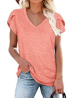 Damen Basic T-Shirt Sommer Mode Damen Lose Sommer Kurzarm T-Shirt V-Ausschnitt Einfarbig Blütenblätter Ärmel Lose T-Shirt Strandoberteile Rosa S von JOCAFIYE