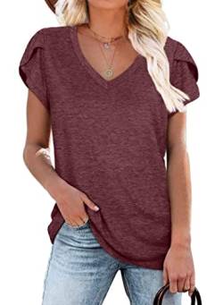 Damen Basic T-Shirt Sommer Mode Damen Lose Sommer Kurzarm T-Shirt V-Ausschnitt Einfarbig Blütenblätter Ärmel Lose T-Shirt Strandoberteile Rot M von JOCAFIYE