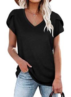 Damen Basic T-Shirt Sommer Mode Damen Lose Sommer Kurzarm T-Shirt V-Ausschnitt Einfarbig Blütenblätter Ärmel Lose T-Shirt Strandoberteile Schwarz L von JOCAFIYE