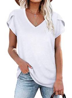 Damen Basic T-Shirt Sommer Mode Damen Lose Sommer Kurzarm T-Shirt V-Ausschnitt Einfarbig Blütenblätter Ärmel Lose T-Shirt Strandoberteile Weiß M von JOCAFIYE