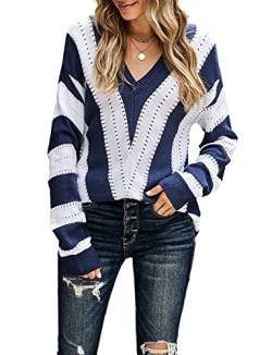 JOCAFIYE DameLangarm Strickpullover Klassische V-Ausschnitt Causal Langarmshirt Elegant Gestreift Pulli Outwear Sweater Knit Tops Blue M von JOCAFIYE