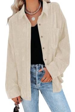 JOCAFIYE Damen Cord-Hemd, lässig, langärmelig, Button-Down-Jacke, Herbst, übergroße Blusen, Tops 2024, 02-beige, Mittel von JOCAFIYE