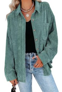 JOCAFIYE Damen Cordhemd Casual Langarm Knopfleiste Jacke Herbst Übergroße Blusen Tops 2023, 01-grün, XX-Large von JOCAFIYE