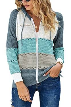 JOCAFIYE Damen Farbblock Langarm Pullover Strickpullover V-Auschnitt Gestreift Hoodie Pulli Herbst Hooded Pullover Oberteile KSBlue L von JOCAFIYE