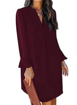 JOCAFIYE Damen Frühling Herbst Langarm Kleid Rüsche V Stand Neck Leichtes Komfort Kleid Rotwein S von JOCAFIYE