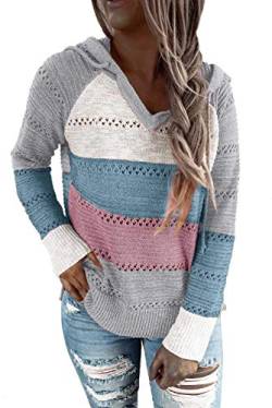 JOCAFIYE Damen Langarm V-Ausschnitt Kordelzug Kapuzenpullover Gestreift Farbblock Lässige Pullover Sweatshirts J P/Blue L von JOCAFIYE