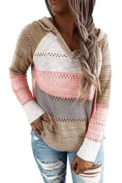 JOCAFIYE Damen Pullover Strickpullover V Auschnitt Langarm Strickpulli mit Kapuze Gestreift Herbst Oberteile Tops J PJ-Khaki M von JOCAFIYE