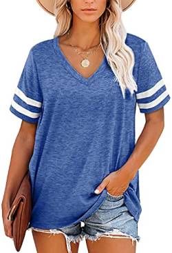 JOCAFIYE Damen Sommer Tops Kurzarm V-Ausschnitt T-Shirts Casual Loose Bluse Solide Tunika Top Blau XL von JOCAFIYE