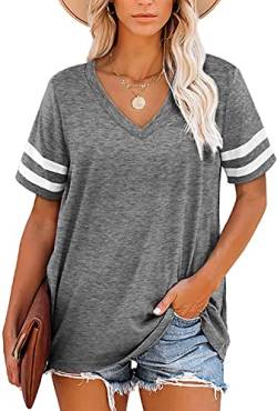 JOCAFIYE Damen Sommer Tops Kurzarm V-Ausschnitt T-Shirts Casual Loose Bluse Solide Tunika Top Grau L von JOCAFIYE