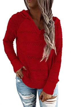 JOCAFIYE Damen Strickpullover Pullover Hohl Design Hoodie Lässiger Kapuzenpullover Strickpullover mit Kordelzug Red XXL von JOCAFIYE