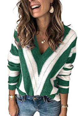 JOCAFIYE Damen Strickpullover Sweater Shirts V-Ausschnitt Pullover Langarmshirt Strickpulli Casual Loose Langarm Oberteile Tops Green L von JOCAFIYE