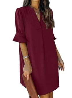 JOCAFIYE Damen V-Ausschnitt Rüsche Kurzarm Solide Farbe Einfaches Sommer Neues Kleid Rotwein XL von JOCAFIYE