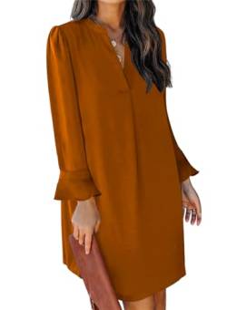 JOCAFIYE Damen V-Ausschnitt Rüschen Hemdkleid Einfarbige Casual Langarm Einfarbig Kleid Caramel M von JOCAFIYE