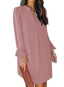 JOCAFIYE Damen V-Ausschnitt Rüschen Hemdkleid Einfarbige Casual Langarm Einfarbig Kleid Pink XL von JOCAFIYE
