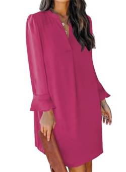 JOCAFIYE Damen V-Ausschnitt Rüschen Hemdkleid Einfarbige Casual Langarm Einfarbig Kleid Rose XL von JOCAFIYE